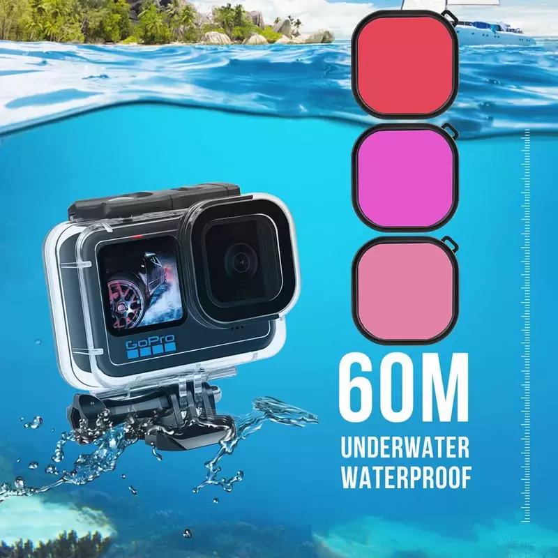 60M Waterproof Case for GoPro Hero 10 Black Protective Diving Underwater Housing Shell Cover Red Purple Color Filter 3 Pack Kit