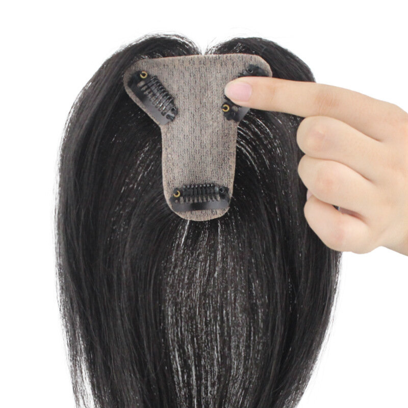 Toppers de cabello humano para mujer, Clip fino en Corona con flequillo de aire 3D, postizos para pérdida de cabello suave, cubierta de volumen de cabello gris