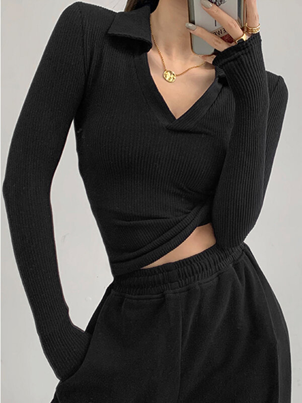 Модные женские пикантные свитера с V-образным вырезом Y2k, одежда, рубашка-поло, винтажная трикотажная футболка с длинным рукавом, свитер в ст...