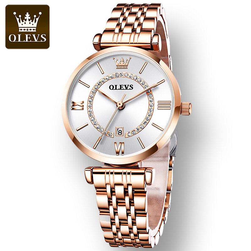 OLEVS-Relojes de pulsera de cuarzo Gypsophila para mujer, de alta calidad, con correa de acero inoxidable, a la moda, resistentes al agua, con calendario