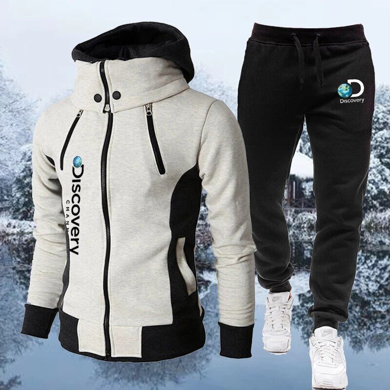 New 2023 Discovery Channel Men Zipper Hoodies Male Sweatshirt+Sweatpants Suit 2Pcs Warm Tracksuit Sets Men's Hoodies Outwear