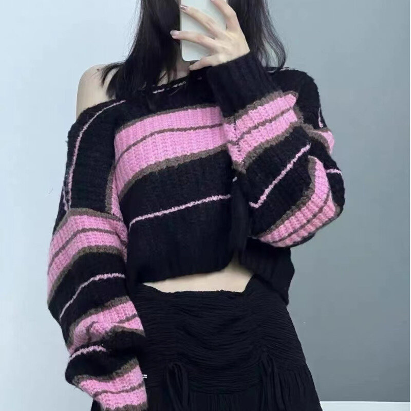 Deeptown Y2K topy koreański styl różowy krótki sweter kobiet sweter w paski Vintage kobiet jesień z długim rękawem bluzy z okrągłym wycięciem pod szyją