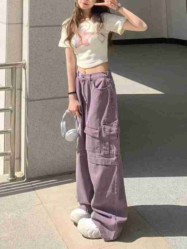 Jeans kargo kerja ungu longgar wanita Korea celana panjang antik Harajuku kaki lebar longgar pinggang tinggi musim semi musim panas