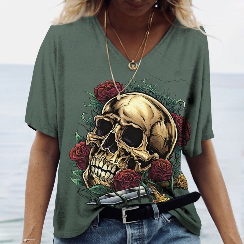 Été 2022 Nouveau 3D Horreur Crâne Imprimer Femmes Col En V Haut À Manches Courtes T-shirt Décontracté Drôle Harajuku Polyvalent Y2K Vêtements S-5XL