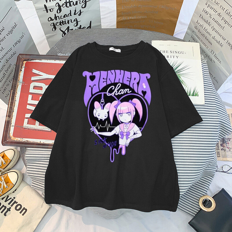 T-shirty damskie Harajuku estetyczny gotycki T-Shirt z krótkim rękawem z motywem z kreskówki kobiety lato Ulzzang Hip Hop luźne luźne topy na co dzień