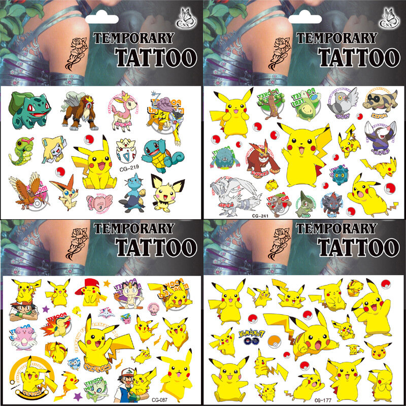 17 estilo anime pokemon tatuagem adesivos à prova dwaterproof água dos desenhos animados bonito pikachu tatuagens rosto temporária cor etiqueta kawaii fãs brinquedo presente