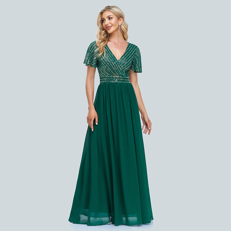 A-Line V-Neck Sequins & Chiffon Green Evening Dress Short Sleeves Floor Length Party Dress Summer Women's Dresses Free Shipping