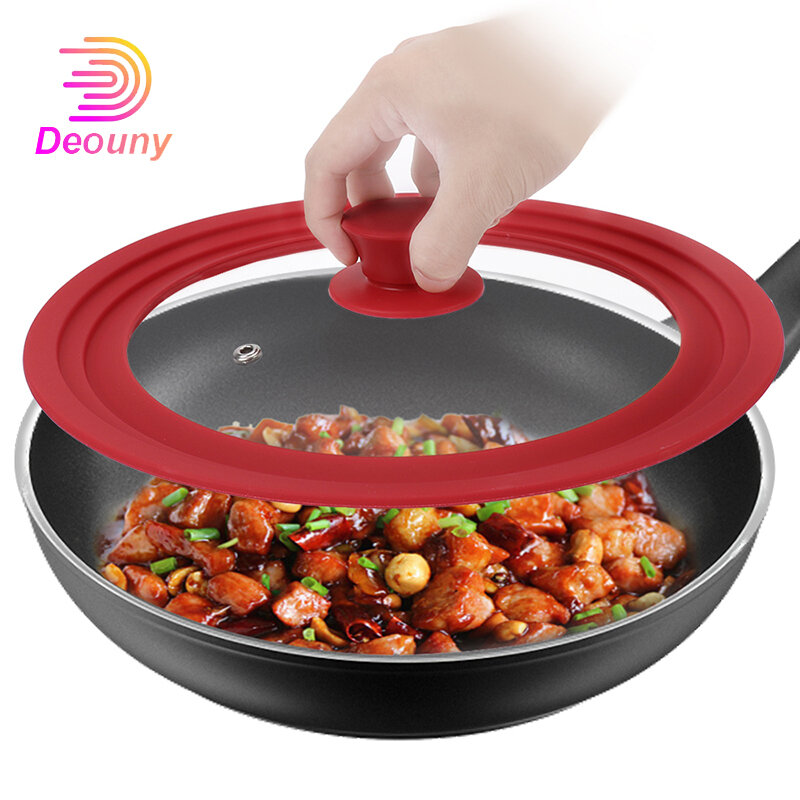 DEOUNY Multifunctional Silicone Tempered Glass Pot Lid Visualization Anti-Fall Anti-Overflow Lid Kitchen Utensils Cookware Parts