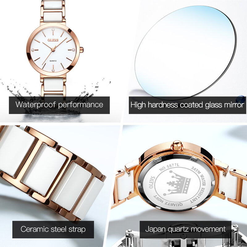OLEVS Hohe Qualität Wasserdichte Uhren für Frauen Mode Keramik Band Quarz Frauen Armbanduhren