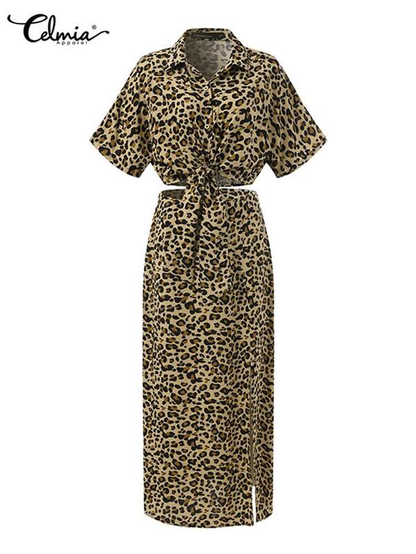 Celmia – robe d'été imprimée léopard pour femmes, ensemble 2 pièces, manches courtes, ourlet à bande, haut court et jupe longue fendue, 2022