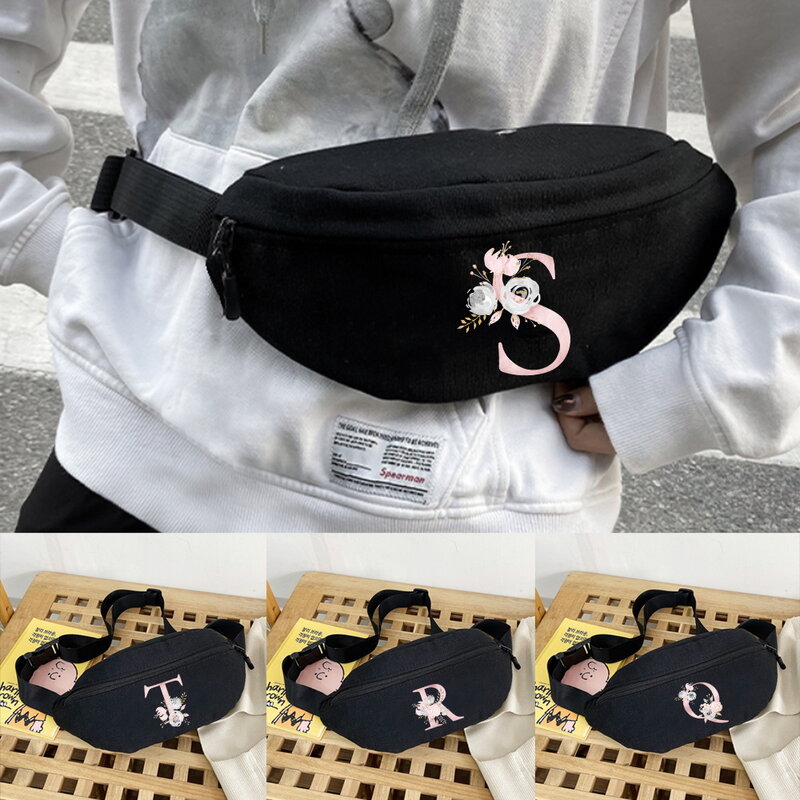 Riñonera Unisex con bolsillo y cremallera para mujer, bolso de pecho con estampado de letras y flores rosas, riñonera rosa