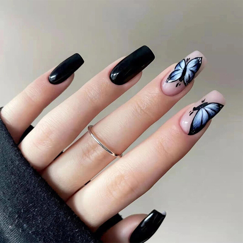 24 sztuk czarny motyl projekt francuski z łbem płaskim sztuczne paznokcie naciśnij na paznokci z klejem baleriny pełna pokrywa akrylowe sztuczne paznokcie sztuki