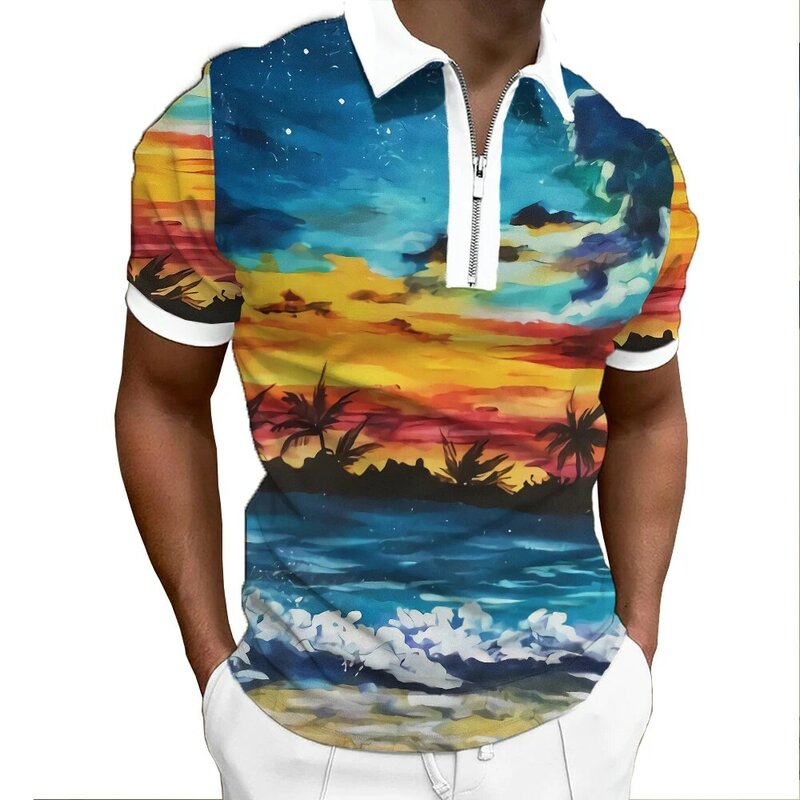 2022 Summer Men's POLO Shirts Hawaiian Beach Print Casual T-Shirts Men's Fashion 2022 New Style Zipper Decorative Short Sleeves
