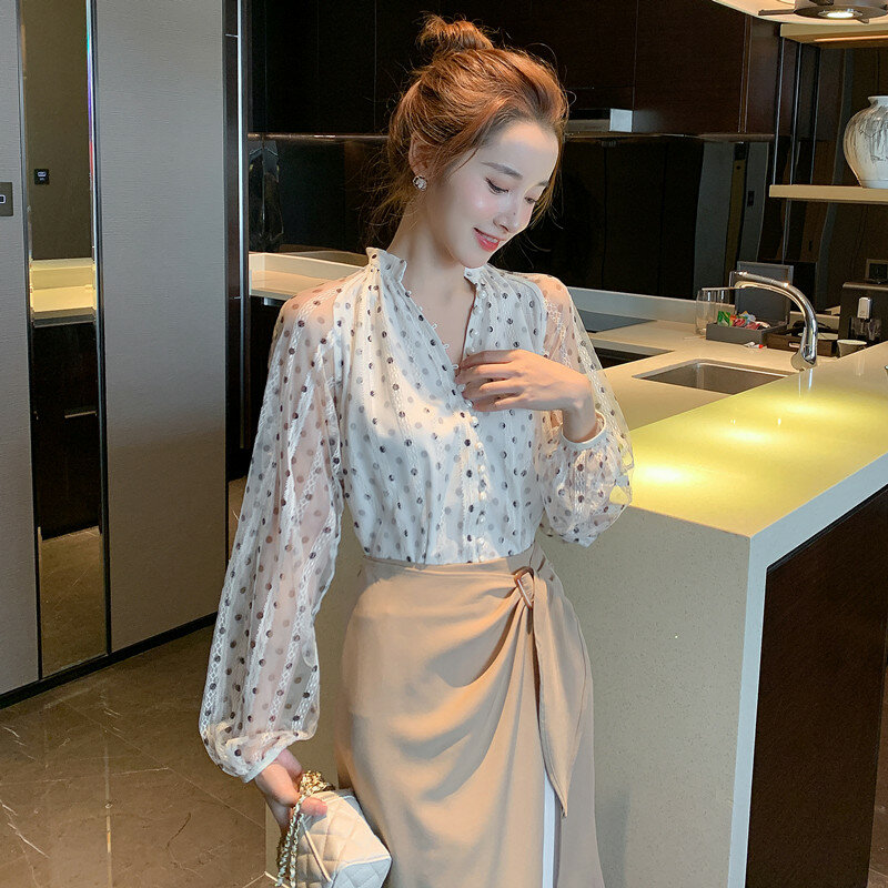 Kemeja Wanita Wisher & Tong Atasan Renda Antik Sabuk Lengan Panjang Blus Dot Fashion Korea Atasan Wanita Chic Wanita Musim Semi 2022