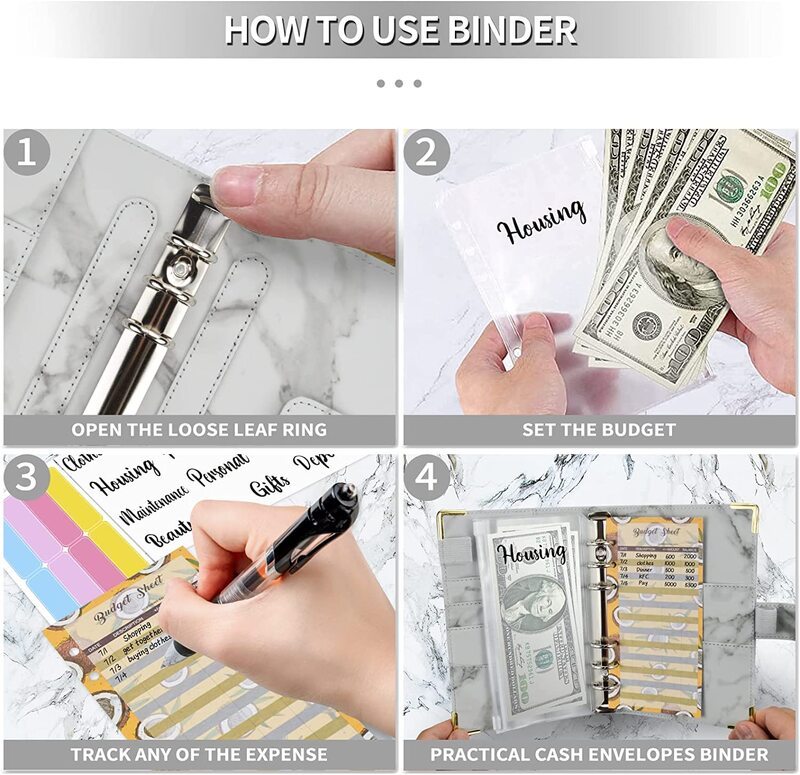 A6 PU หนัง Binder Budget Planner Organizer ชุด,ใสสดซอง,Budget แผ่นและป้ายสติกเกอร์,สำหรับเงิน