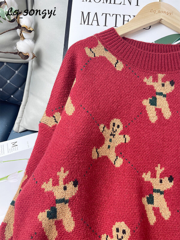Рождественские красные свитера, Мультяшные жаккардовые вязаные пуловеры, Осень-зима 2022, Свободный теплый джемпер с круглым вырезом Lq_songyi LQ10