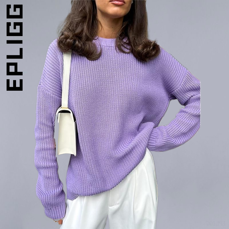 Epligg Long Sleeve Knitted Sweaters Women Solid Elegant Sweater Pullovers Chic O-neck Autumn Office Female Fashion Casual Tops