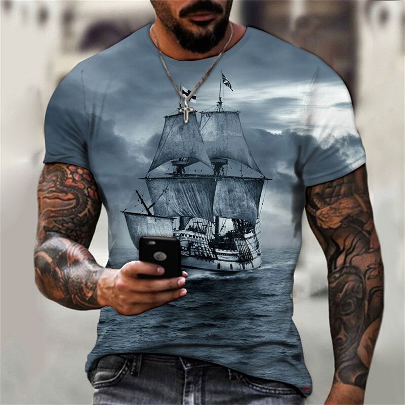 Vintage Men เรือเสื้อยืด3D พิมพ์โจรสลัดเรือเสื้อยืดคอกลมเสื้อแขนสั้นเสื้อยืดผู้ชายขนาดใหญ่เสื้อ Tee เสื้อ Homme camiseta