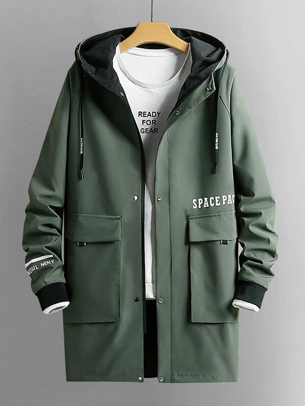 Plus tamanho longo trench coat masculino 2021 nova moda streetwear impresso preto verde blusão masculino com capuz jaqueta casual 8xl