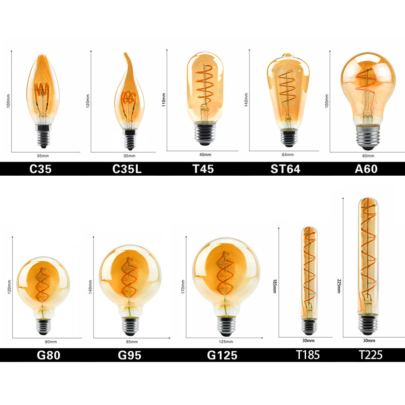 6pcs/lot Retro LED Spiral Filament Light Bulb 4W 2200K 220V E14 E27 C35 A60 T45 ST64 T185 T225 G80 G95 Vintage Edison LED Lamp
