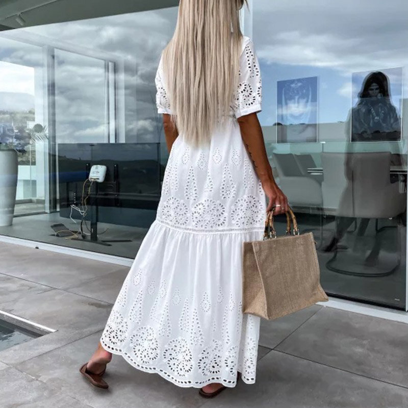 Women Sexy Embroidery Lace Hollow White Dress Elegant O Neck Button Long Dress Casual Short Sleeve Lace-up Summer Beach Dresses