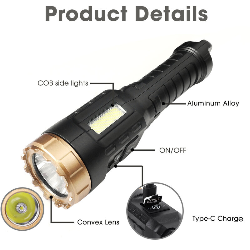 Linterna LED portátil recargable por USB, lámpara de antorchas impermeable para acampar al aire libre, linterna ultrabrillante con luz COB