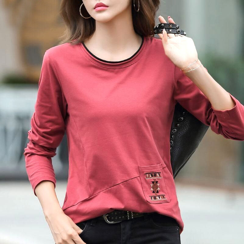 Camisetas informales de manga larga con cuello redondo y bolsillos de retales para mujer, ropa Retro ajustada de Color liso para primavera y otoño