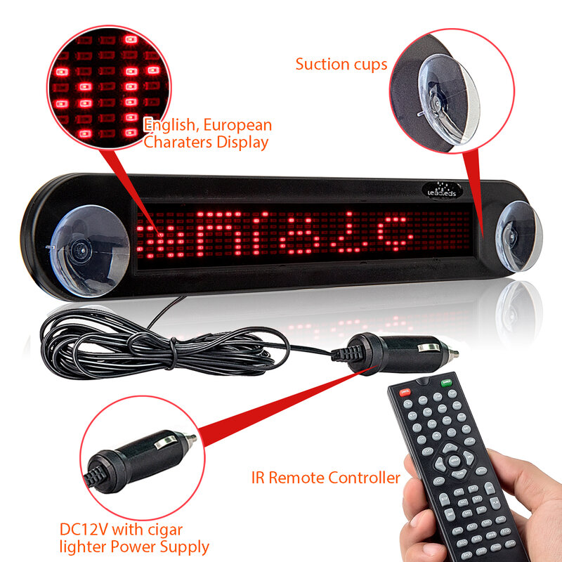 12V Car Led Sign 30cm Red Blue Remote Programmable Scrolling Message Mirror LED Display Board Car Rear Window Moving Signs