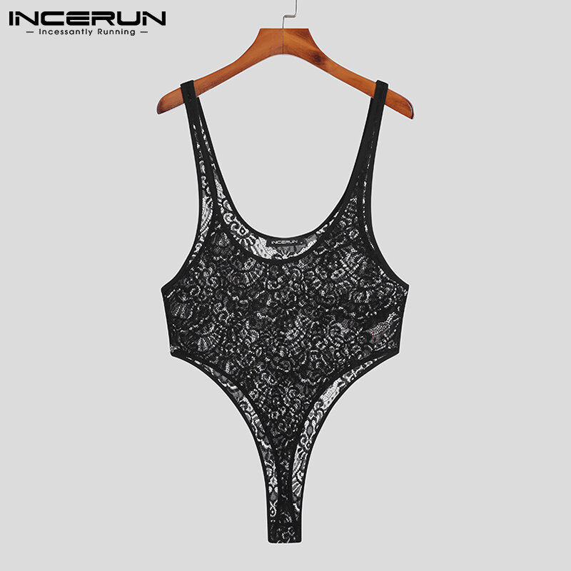 INCERUN 2022 New Men's Comfortable Homewear Straps Jumpsuits Stylish Male See-though Sexy Leisure Lace Suit Short Bodysuit S-5XL