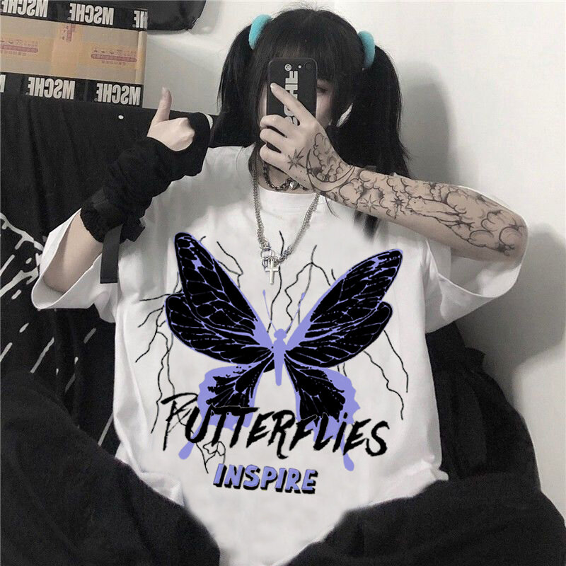 2022 New Summer Women T Shirts Gothic Aesthetics Loose Ladies T-shirt Purple Butterfly Print T-shirt Ladies Top Harajuku Clothes
