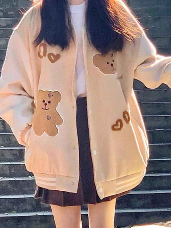 Kawaii dla dziewcząt śliczny strój baseballowy koreański Harajuku kreskówka niedźwiedź kurtka haftowana 2022 jesień luźna casualowa kurtka damska top