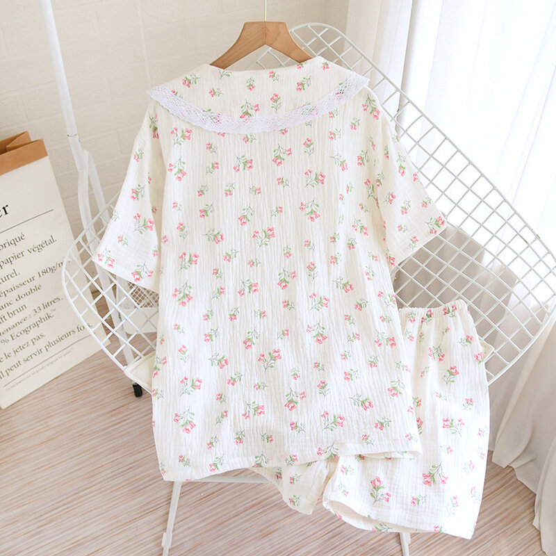 New Thin Women's Pajamas Short-sleeved Shorts Bow Two-piece Set 100% Cotton Crepe Large Size Floral Small Fresh Homewear Suit