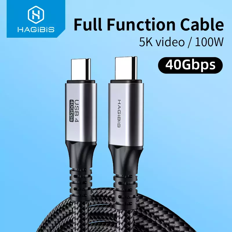 Kabel USB4 Hagibis Kompatibel dengan Thunderbolt 3/4 5K @ 60Hz 40Gbps Transfer Data 100W 5A Pengisian Daya Cepat untuk Macbook Pro USB Tipe C