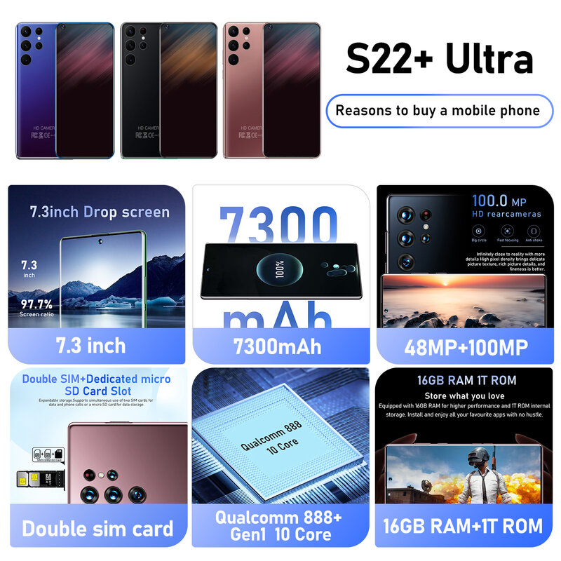 Glay-S22 + 울트라 스마트폰, 16GB + 1T, 2022 mAh 5G, 잠금 해제 휴대폰, 48mp + 7300 mp, 글로벌 버전