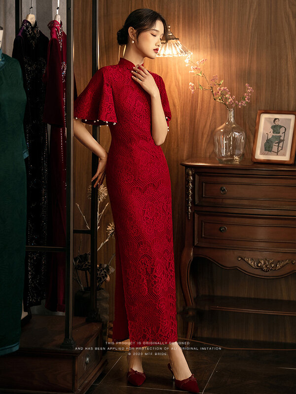 Женское летнее винно-красное кружевное платье с коротким рукавом