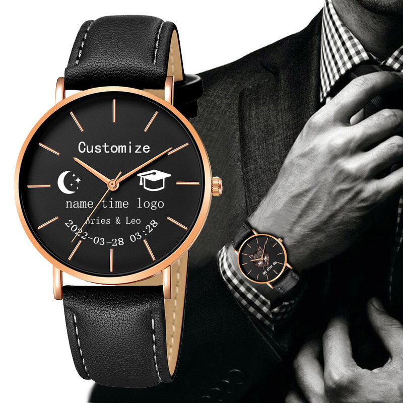 Correa de reloj de cuarzo personalizada para hombre y mujer, reloj de pulsera con nombre, fecha, logotipo, regalo