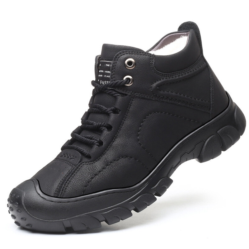 Zapatos informales de cuero con punta anticolisión para hombre, botas de nieve antideslizantes de terciopelo, calzado cálido y grueso para caminar, Unisex