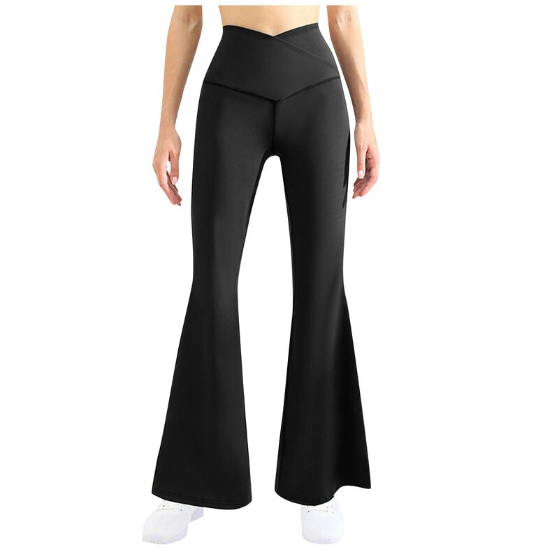 Lazer esportes yoga leggings moda feminina cruz cintura calças de cor sólida cintura alta senhoras magro solto calças confortáveis mujer