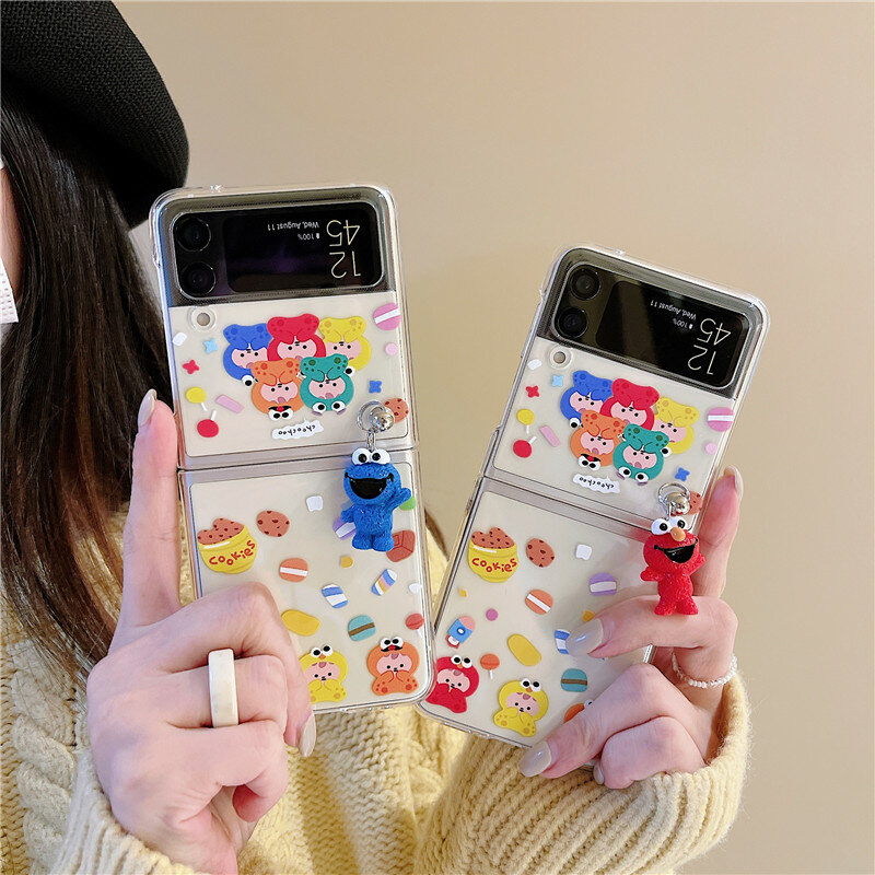 Cute Cartoon Phone Cases For Samsung Galaxy Z Flip 4 3 2 1 Cartoon Sesame Street Pendant Cover Case For Samsung Z Flip4 Flip3 5G
