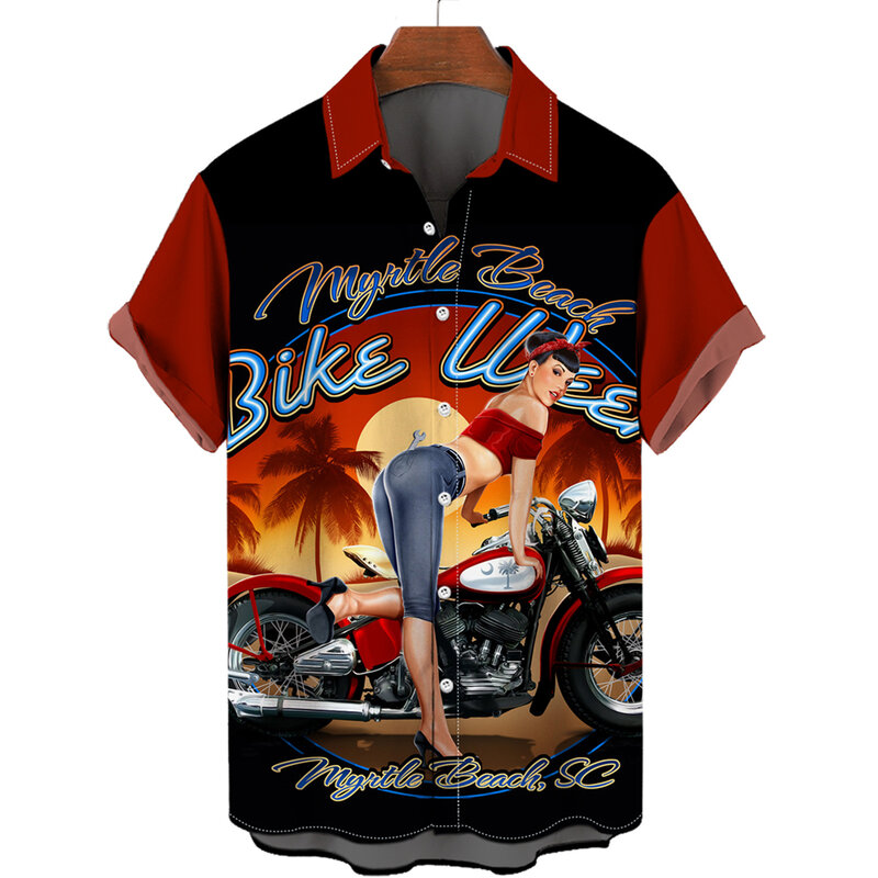 ฤดูร้อน Hawaiian เสื้อสำหรับชาย Rock Vintage Hd รถจักรยานยนต์พิมพ์ Botton ลง Aloha Beach Street Chic ชายเสื้อผ้า5XL