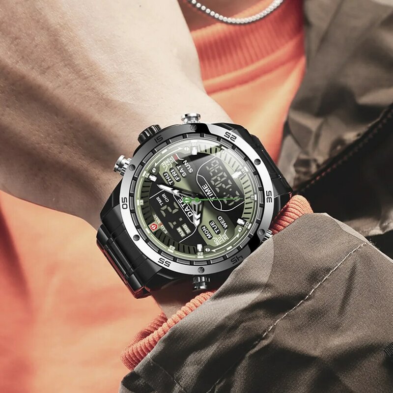 Sport Horloges Voor Mannen Led Dual Display Multifunctionele Chronograaf Stopwatch Waterdichte Stalen Band Quartz Horloge Klok K9109