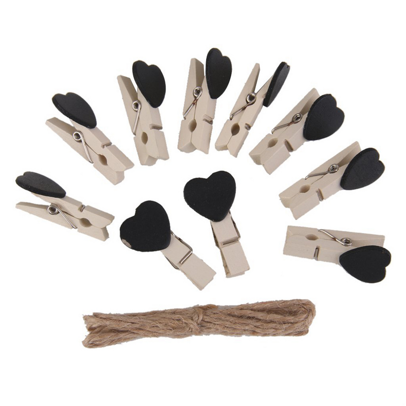 10 piezas de Clips de madera con forma de corazón, soporte colgante para fotos de boda, decoración de fiesta (negro)