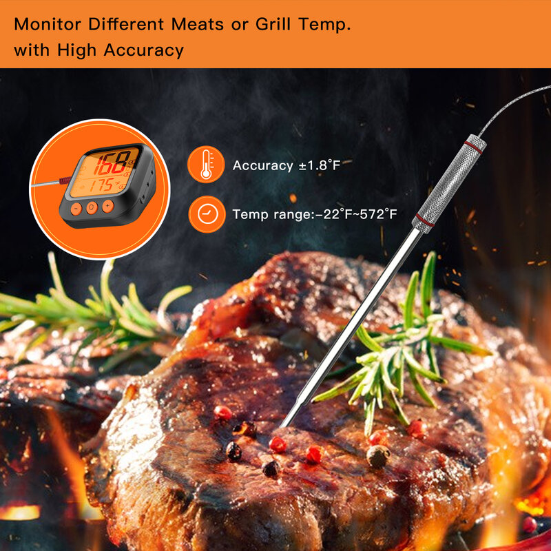 MOES Lebensmittel Thermometer,Bluetooth Smart BBQ Thermometer, Lebensmittel Grade Sonde für BBQ, Ofen, backen und Kochen, Timer und Tuya SmartAlarm