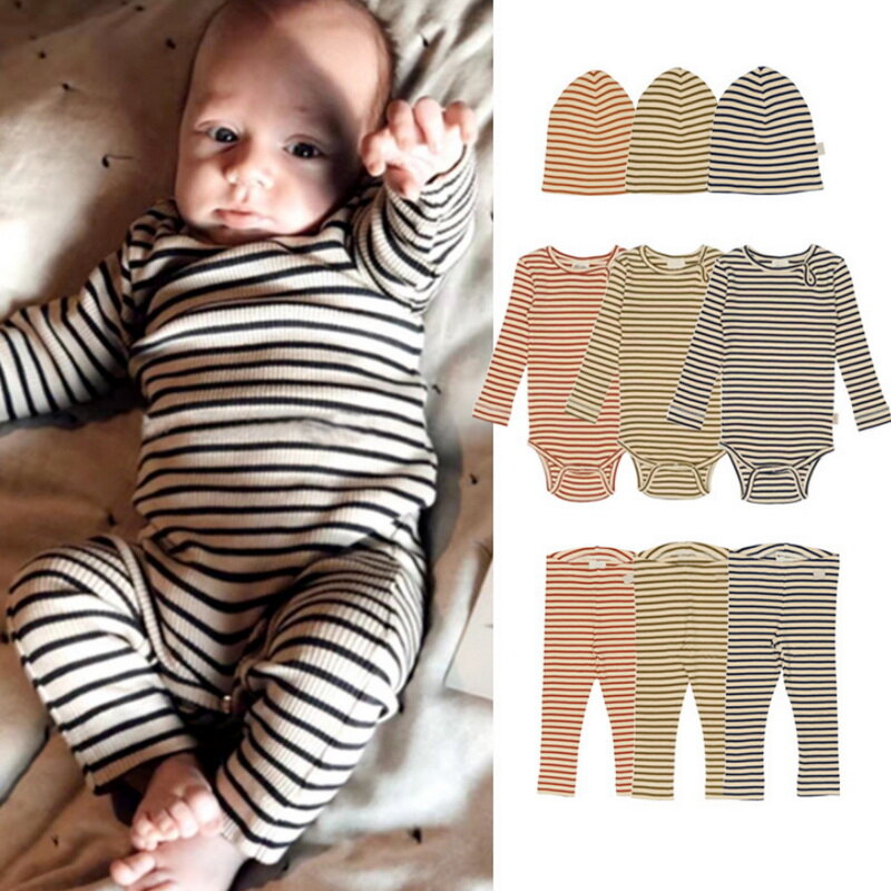 2022 Nieuwe Lente Baby Meisje Jongen Pyjama Sets Legergroen Oranje Rood Zwart Bodysuit + Gestreepte Broek + Cap Pasgeboren katoenen Kleding E1667