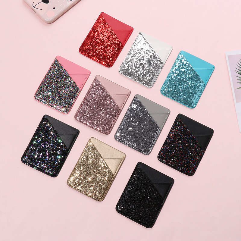 1Pc Leather Bling Phone Card Case Women Fashion Key Pocket Bus Card Back Cover Adhesive Sticke Pouch Purse Holder Wallet