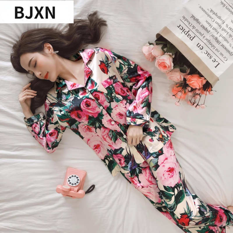 BJXN-Conjunto de pijama de seda para mujer, ropa de dormir de satén con estampado de flores, pantalones de seda, Primavera