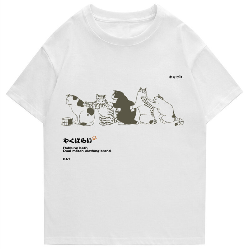 2022 Camiseta Masculina Hip-Hop Estilo Rua คันจิ Harajuku Engraçado Gato Camiseta Verão มังงะ Curta Camiseta Algodão Estampado