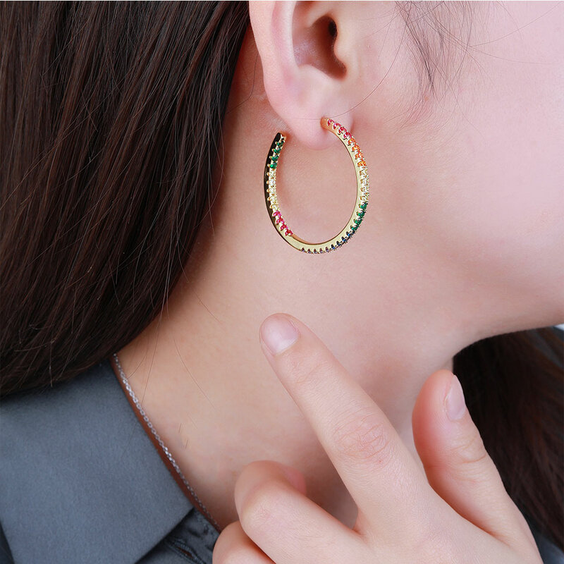 Poulisa Luxury Rainbow Color Cubic Zircon Big Hoop Earrings Simple Circle Earrings for Women Wedding Party Gift Fashion Jewelry