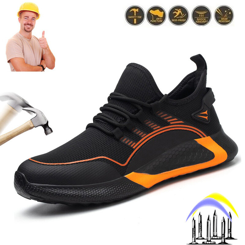 موضة جديدة أحذية أمان للرجال غطاء صلب لأصبع القدم غير قابل للتدمير تنفس رجل حذاء برقبة للعمل المضادة للثقب الذكور البناء أحذية رياضية