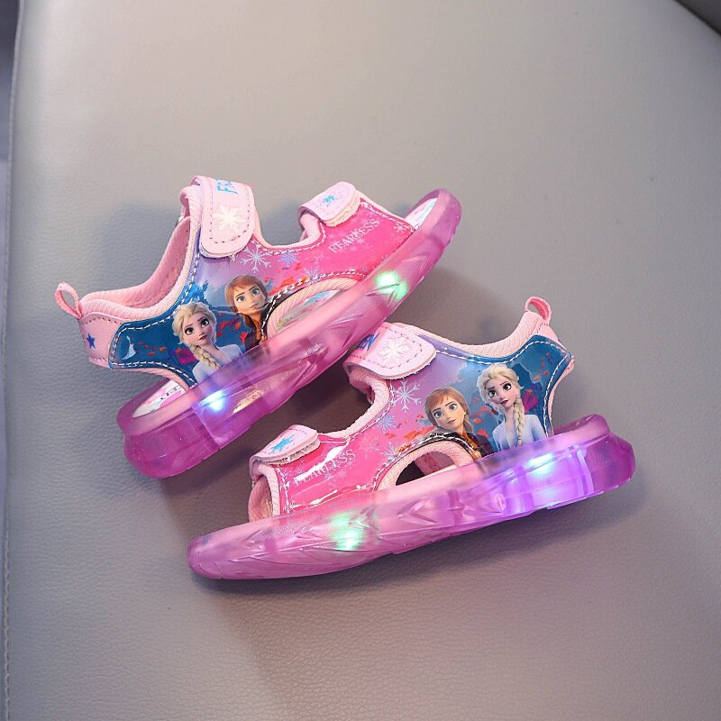 Disney congelado verão coreano anna elsa princesa sandálias luz luminosa tênis respirável esportes meninas do bebê crianças sandálias sapatos